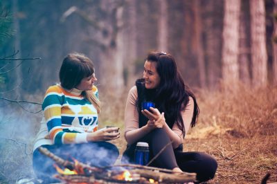 girls talking in woods